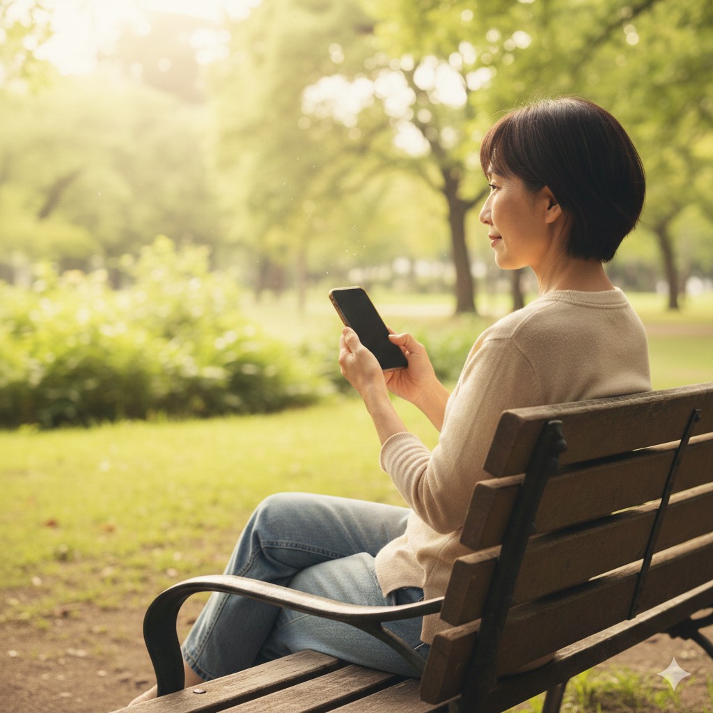 公園のベンチでスマートフォンを手にリラックスする女性