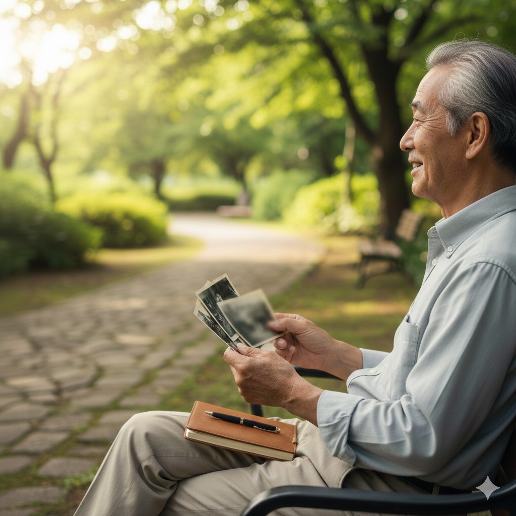 公園のベンチで古い写真とノートを手に穏やかに見つめる男性