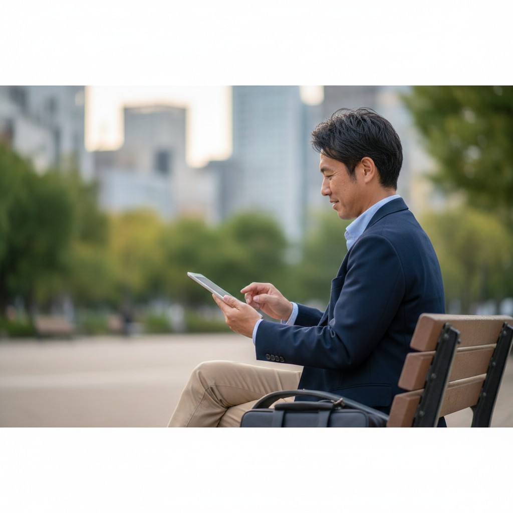 公園のベンチでタブレットを手に集中して操作する男性